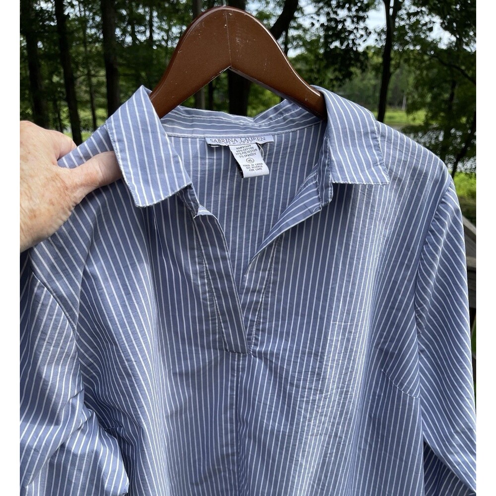 Sabrina Lauren NY Striped Shirt Blue White Flare End of Sleeve Lady XL Chest 48"